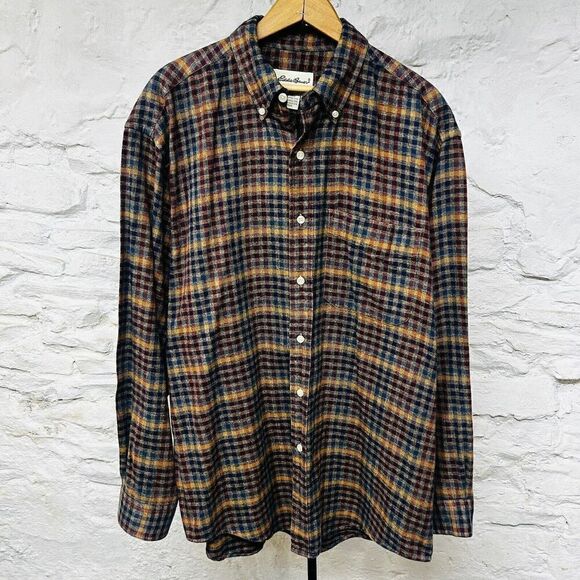Vintage 90s Eddie Bauer Button Down 100% Cotton Flannel Shirt Plaid Check - Picture 1 of 5